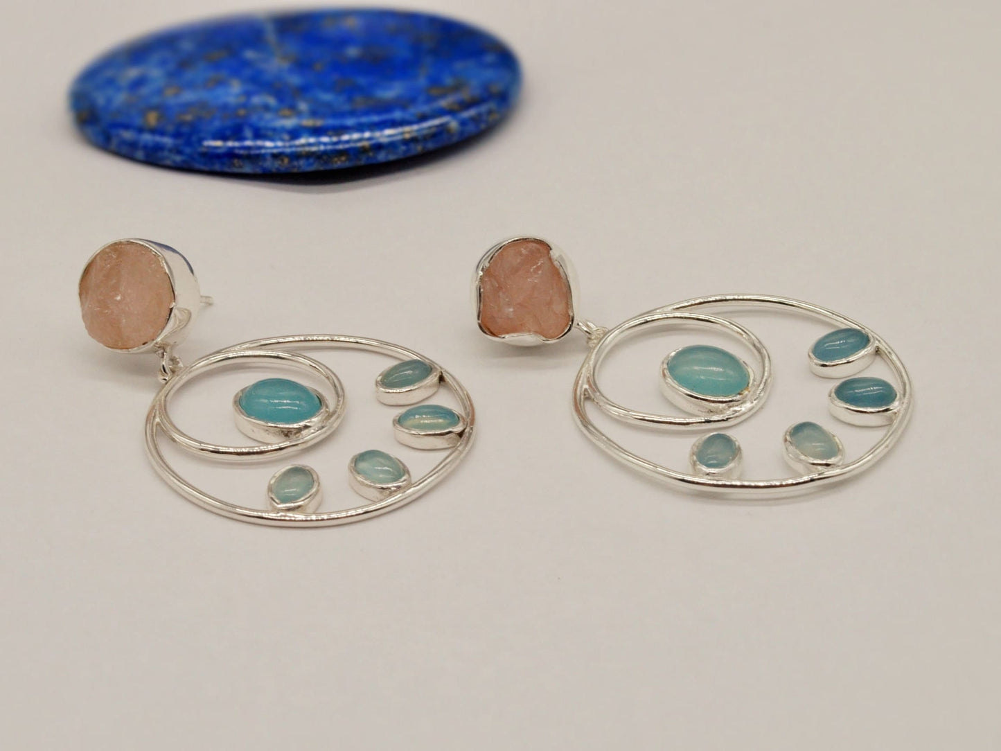 Rose Quartz Aqua Blue Chalcedony Earrings, Sterling Silver Earrings, Hoop Earrings, Unique Dangle Earrings, Gifts For Her