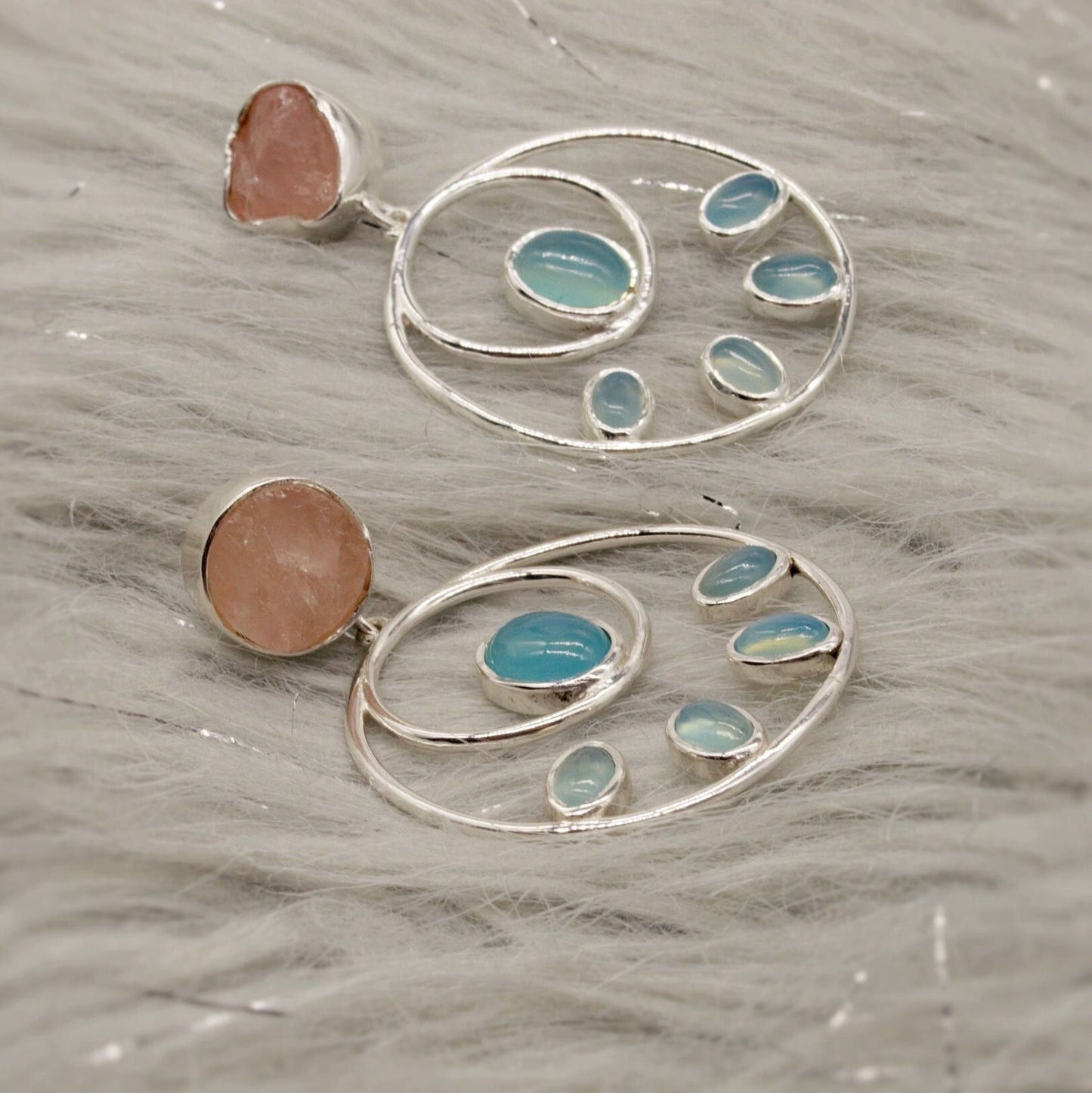 Rose Quartz Aqua Blue Chalcedony Earrings, Sterling Silver Earrings, Hoop Earrings, Unique Dangle Earrings, Gifts For Her