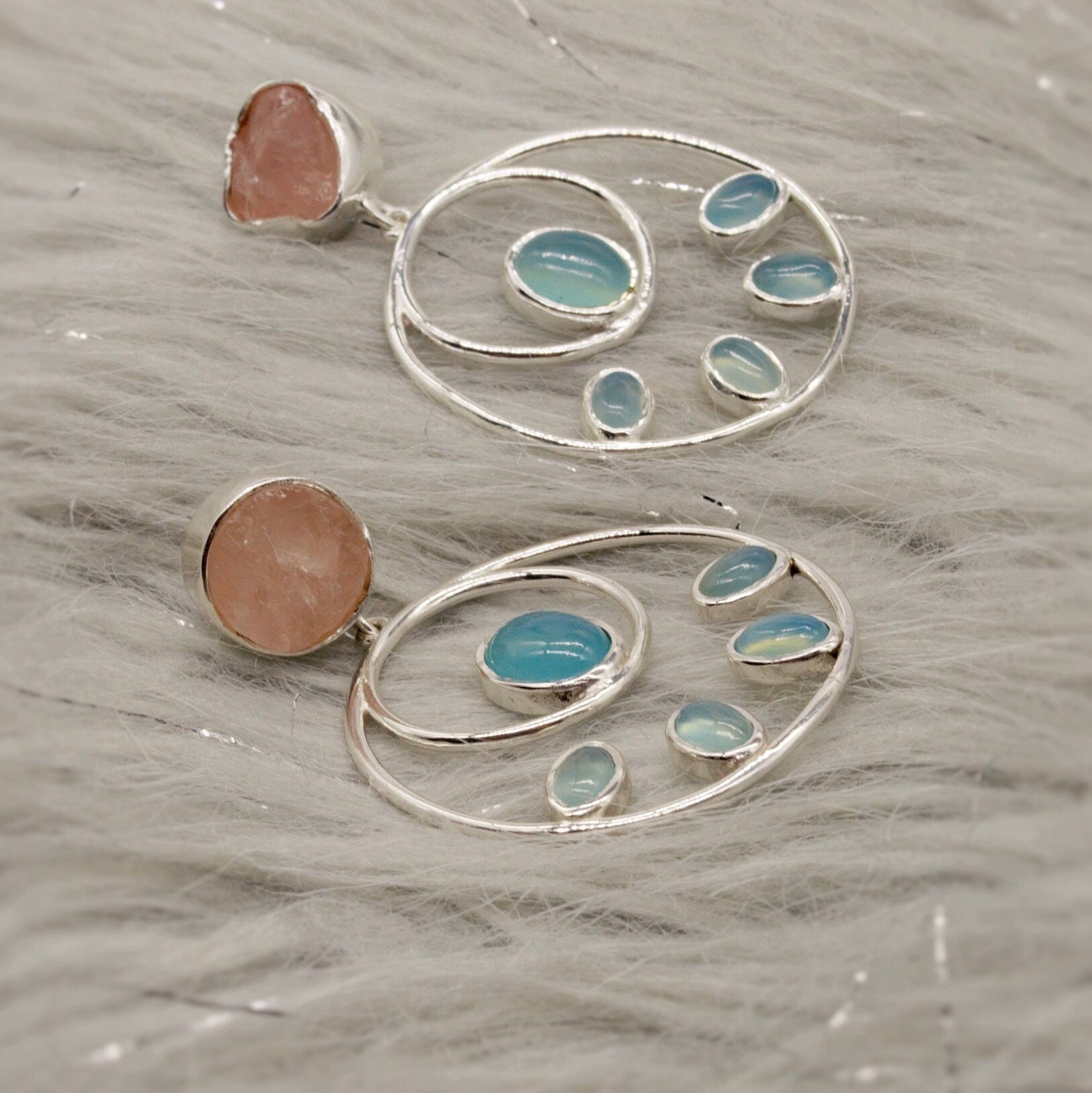 Rose Quartz Aqua Blue Chalcedony Earrings, Sterling Silver Earrings, Hoop Earrings, Unique Dangle Earrings, Gifts For Her