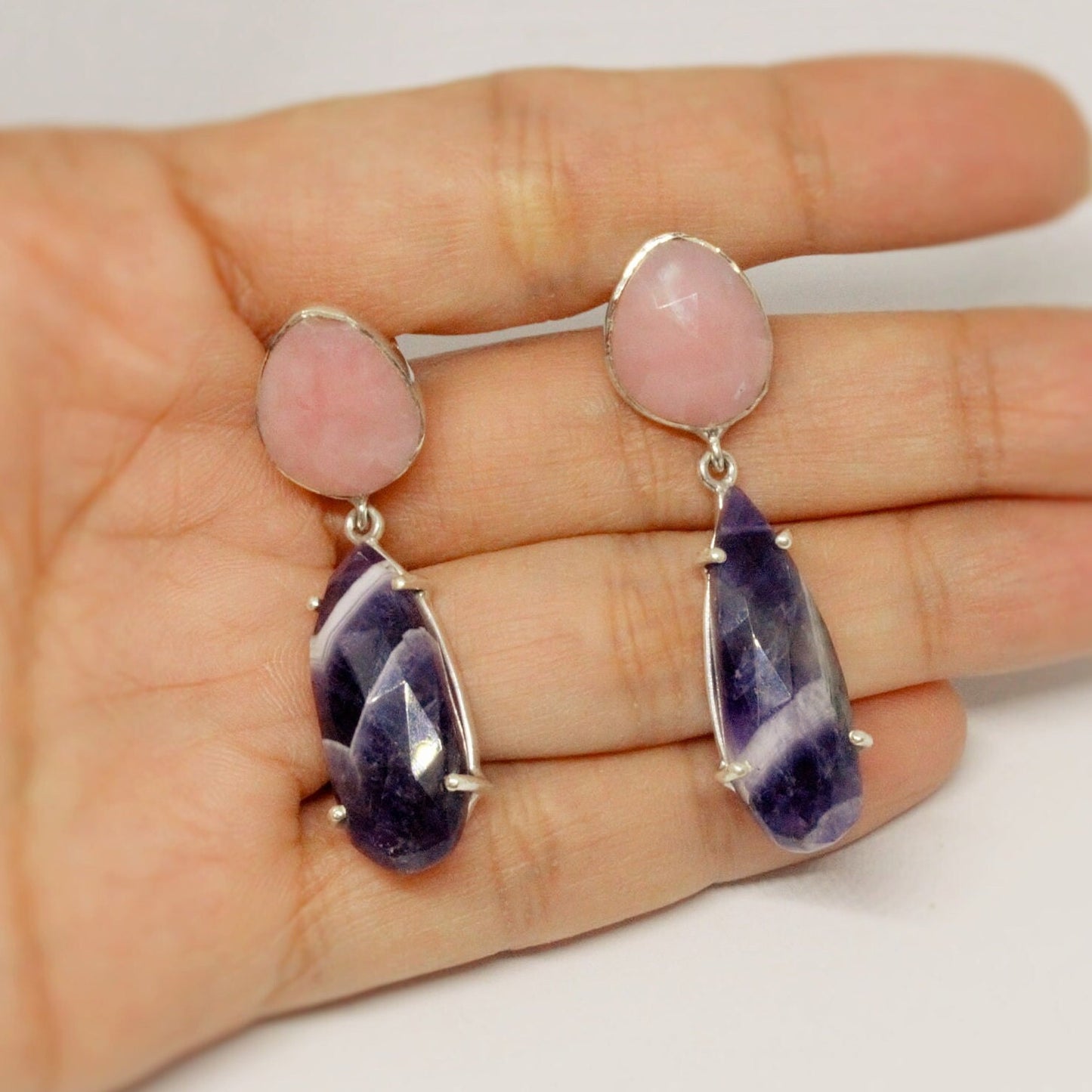 Pink Opal, Amethyst Silver Earrings, February Birthstone Amethyst Jewelry, Opal Dangle Earrings, Gifts For Her, Blue Peacock Earrings