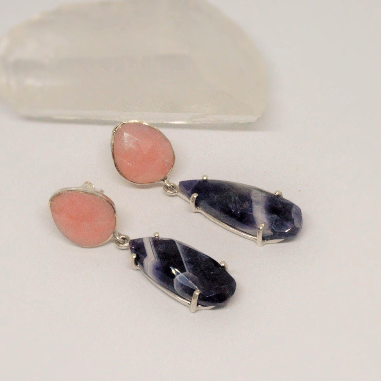 Pink Opal, Amethyst Silver Earrings, February Birthstone Amethyst Jewelry, Opal Dangle Earrings, Gifts For Her, Blue Peacock Earrings
