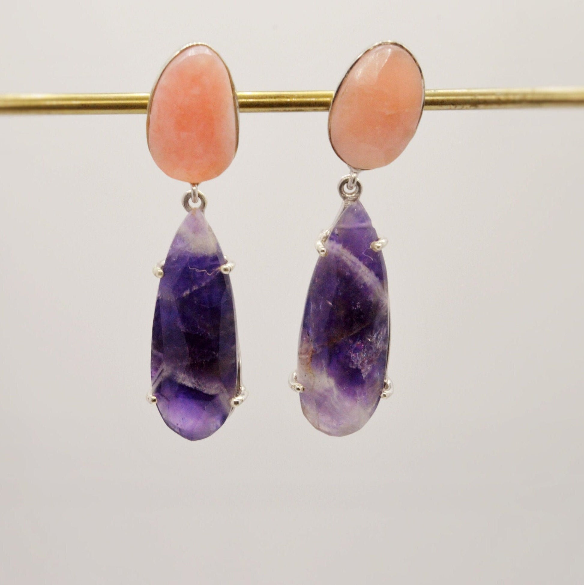 Pink Opal, Amethyst Silver Earrings, February Birthstone Amethyst Jewelry, Opal Dangle Earrings, Gifts For Her, Blue Peacock Earrings
