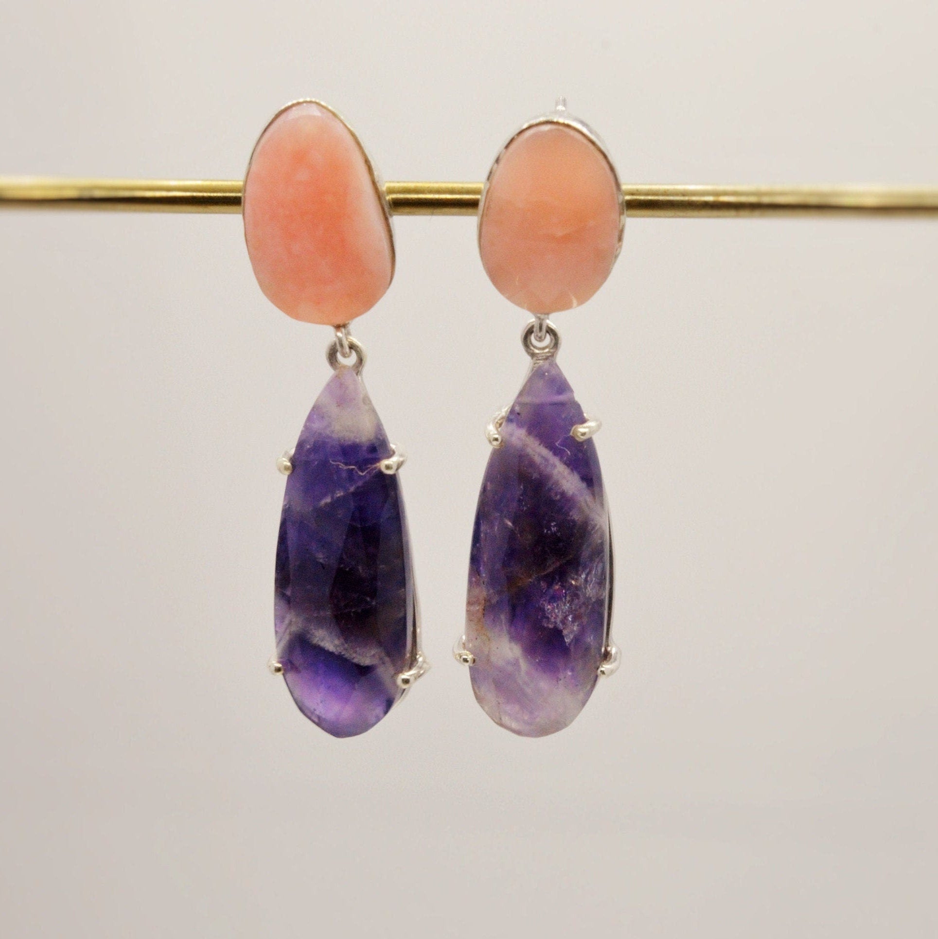 Pink Opal, Amethyst Silver Earrings, February Birthstone Amethyst Jewelry, Opal Dangle Earrings, Gifts For Her, Blue Peacock Earrings