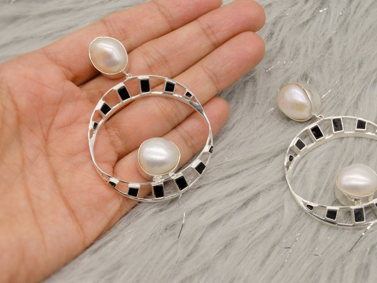 Pearl, Black Onyx Silver Earrings, June Birthstone Jewelry, Gemstone Dangle Earrings, 925 Sterling Silver, Birthday Gift for Her