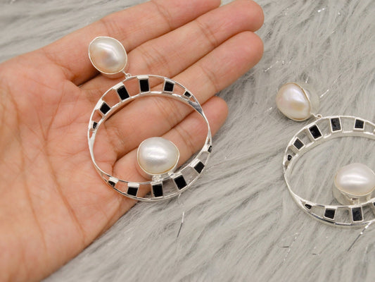 Pearl, Black Onyx Silver Earrings, June Birthstone Jewelry, Gemstone Dangle Earrings, 925 Sterling Silver, Birthday Gift for Her