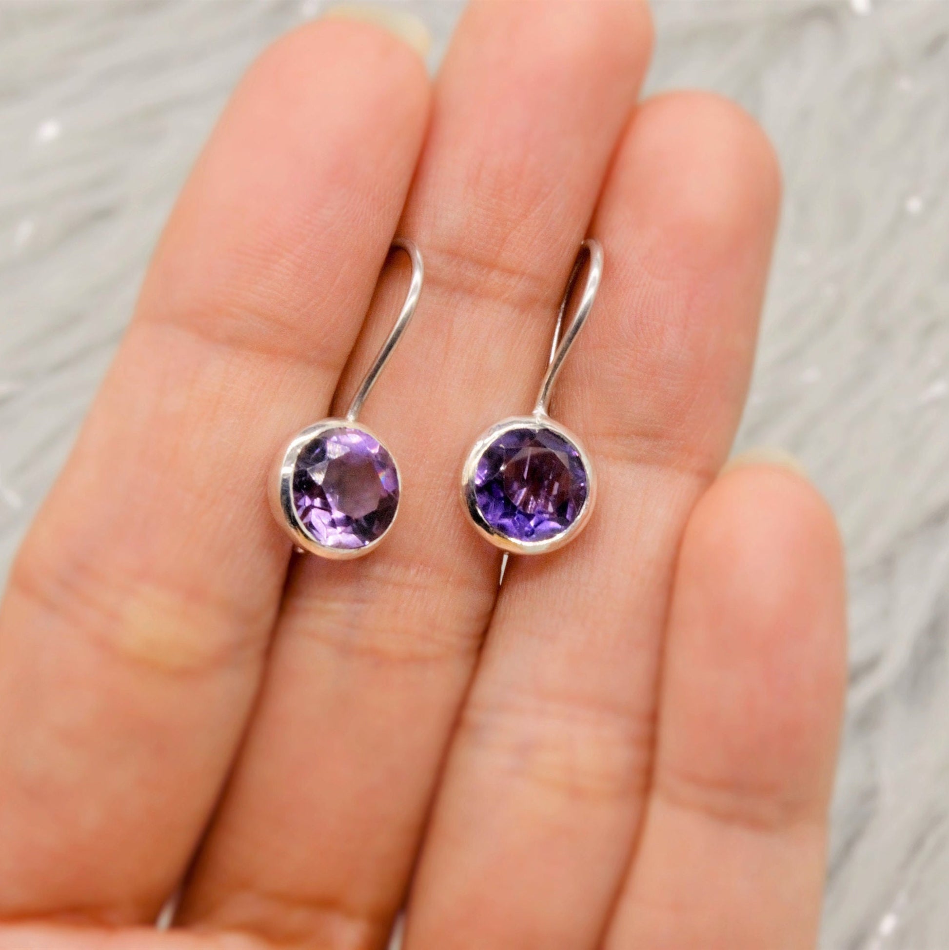 Purple Amethyst Sterling Silver Earrings, February Birthstone, Dainty Statement Unique Gemstone Dangle Drop Earrings, Gifts For Her