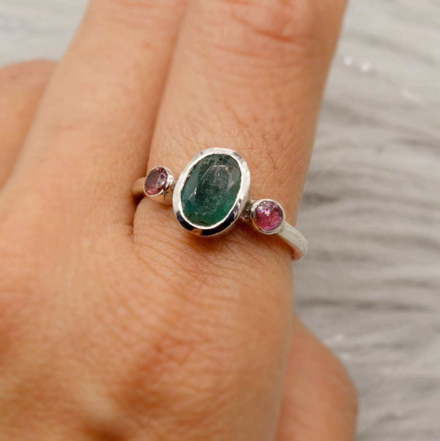 Emerald, Pink Tourmaline Ring, 925 Sterling Silver, Green Gemstone, May, October Birthstone, Dainty Gem Ring, Birthday Gift For Her