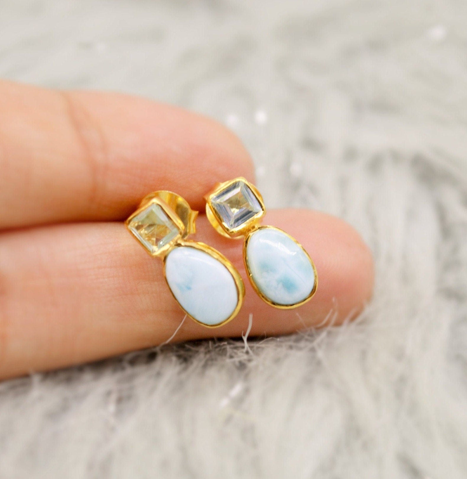 Larimar Blue Topaz Gold Stud Earrings, Larimar Stone, Larimar Gemstone, Blue Topaz Studs, Larimar Earrings, December Birthstone