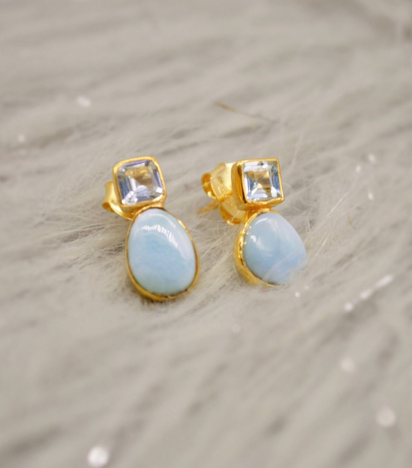 Larimar Blue Topaz Gold Stud Earrings, Larimar Stone, Larimar Gemstone, Blue Topaz Studs, Larimar Earrings, December Birthstone