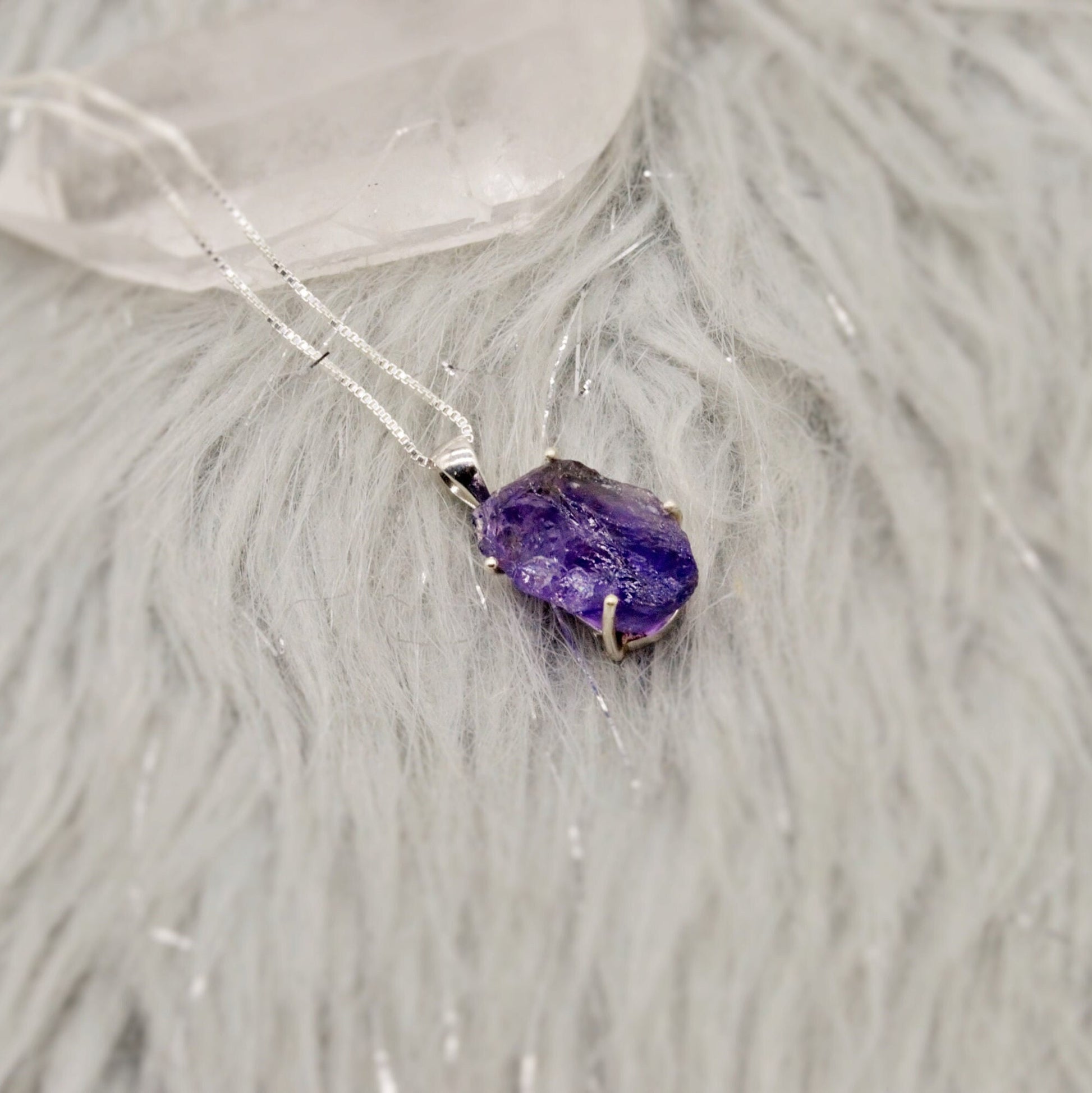 Raw Amethyst Chain Pendant Necklace, Rough Cut Amethyst Necklace, February Birthstone, Raw Gemstone, Sterling Silver, Birthday Gifts For Her