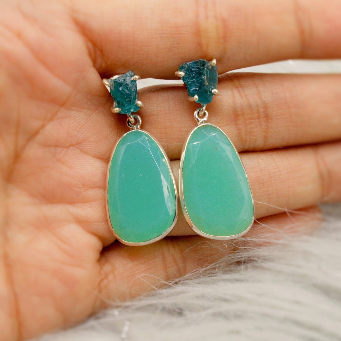 Chalcedony, Blue Apatite Earrings, Sterling Silver, Chalcedony Jewelry, Green Earrings, Gifts For Her, Gemstone Dangle Drop Earrings