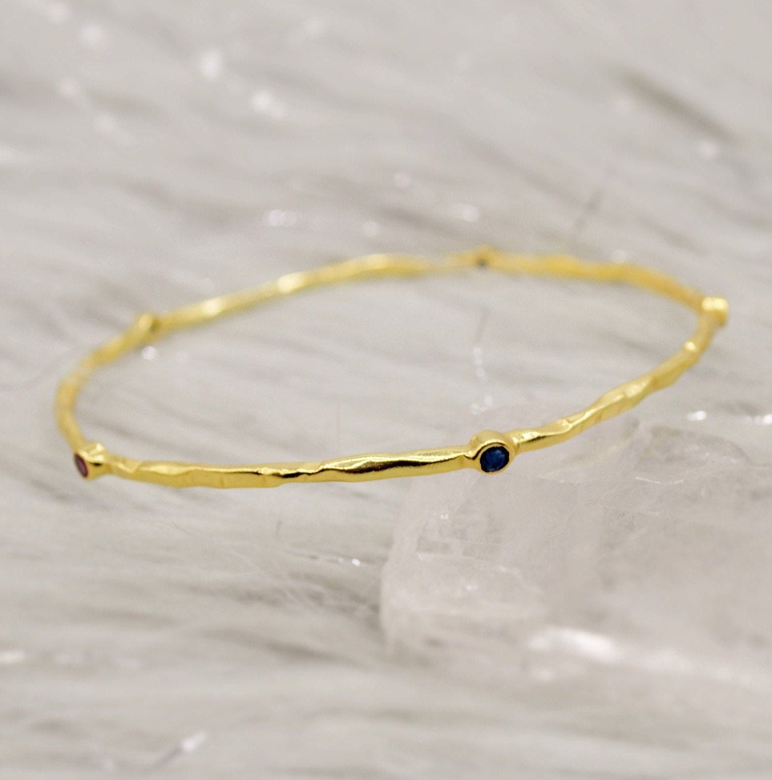 Ruby, Emerald, Sapphire, Gold Bangle Bracelet, Gold Plated Sterling Silver, Dainty Gemstone Bracelet For Women, Birthday Gift For Her