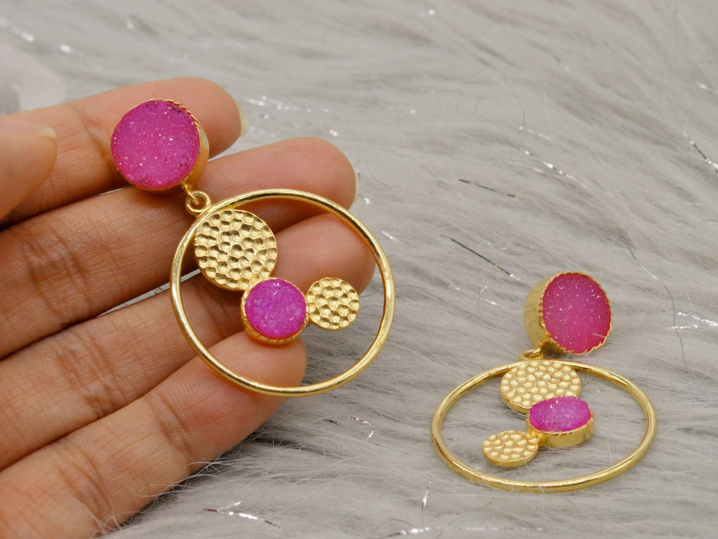 Pink Druzy Agate Gold Earrings, Gold Plated Sterling Silver Earrings, Statement Jhumka Earrings, Gift For Her, Birthday Gift