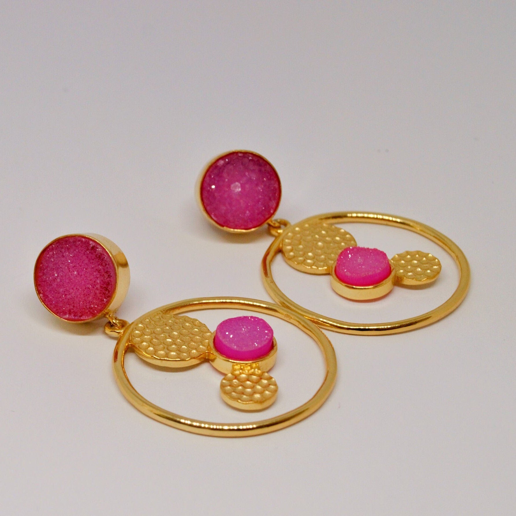 Pink Druzy Agate Gold Earrings, Gold Plated Sterling Silver Earrings, Statement Jhumka Earrings, Gift For Her, Birthday Gift
