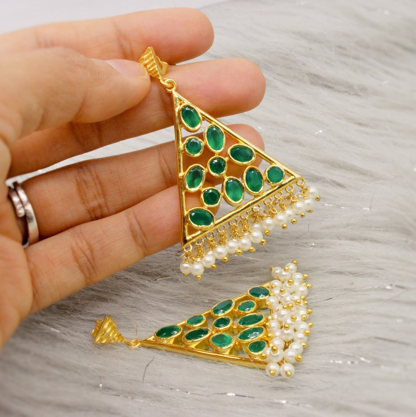 Green Onyx Pearl Gold Earrings, Unique Dangle Jhumka Earrings, June Birthstone, Statement Gemstone Drop Earrings, Gifts For Her