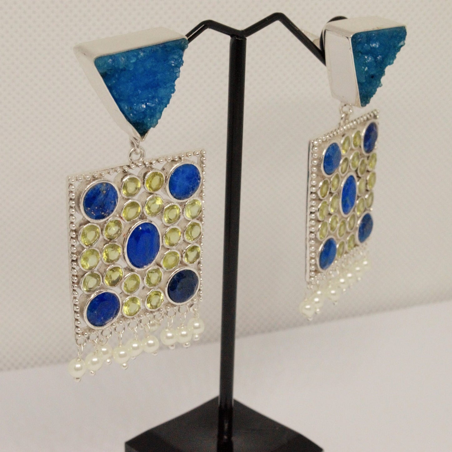 Blue Agate, Lapis, Peridot Silver Earrings, Lapis Lazuli Earrings, August, December Birthstone, Unique Statement Earrings, Gift For Her