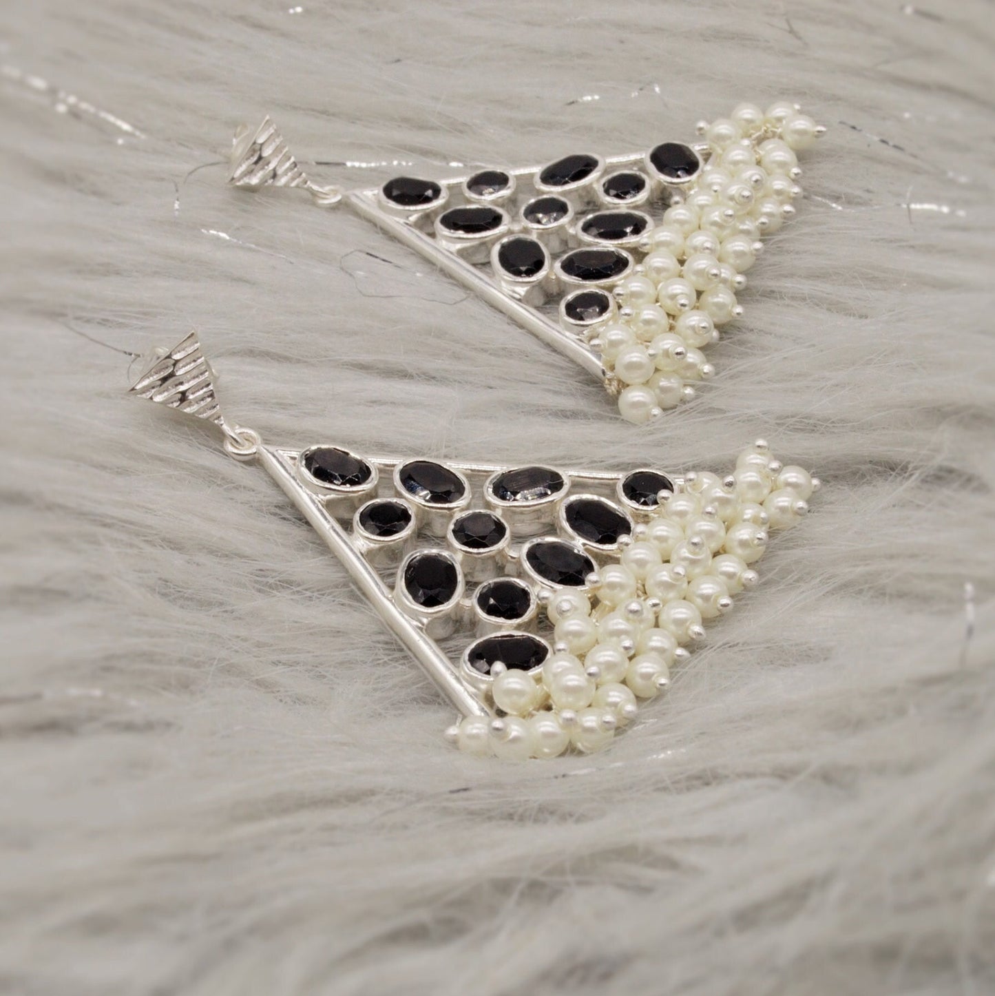 Black Onyx Pearl Earrings, Sterling Silver Earrings, June Birthstone, Statement Unique Gemstone Earrings, Gift For Her