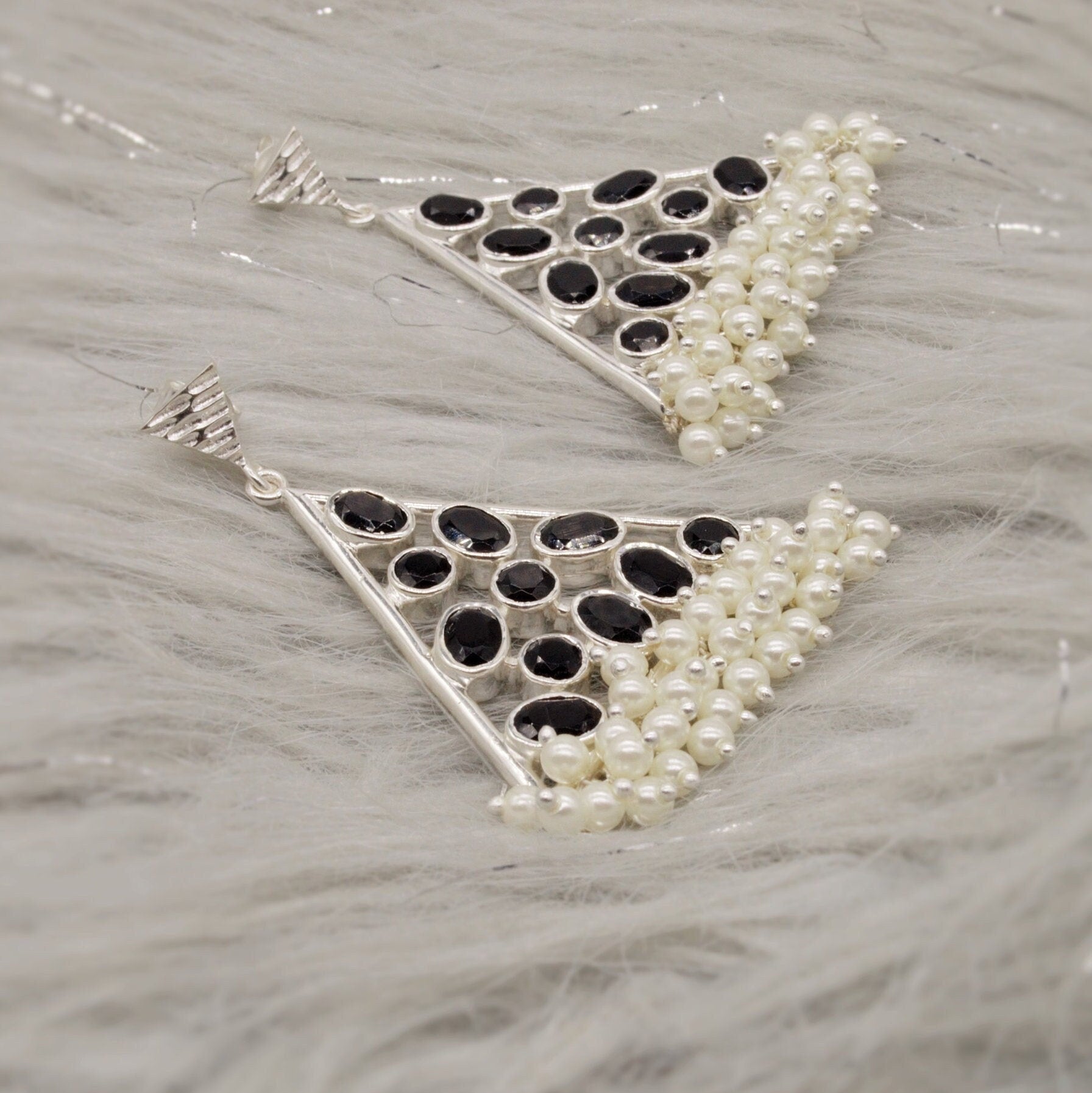 Black Onyx Pearl Earrings, Sterling Silver Earrings, June Birthstone, Statement Unique Gemstone Earrings, Gift For Her