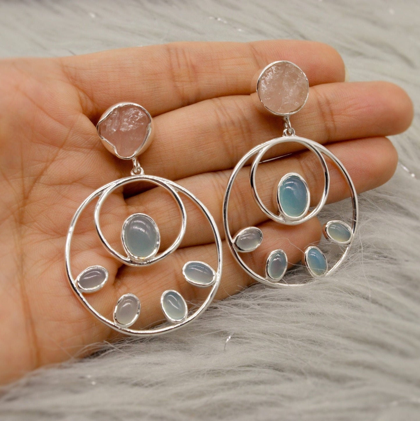 Rose Quartz Aqua Blue Chalcedony Earrings, Sterling Silver Earrings, Hoop Earrings, Unique Dangle Earrings, Gifts For Her