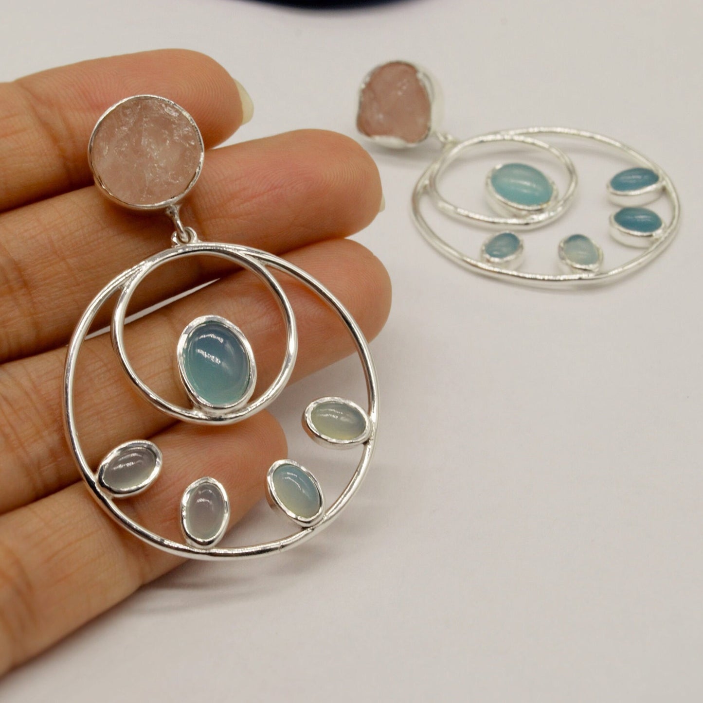 Rose Quartz Aqua Blue Chalcedony Earrings, Sterling Silver Earrings, Hoop Earrings, Unique Dangle Earrings, Gifts For Her