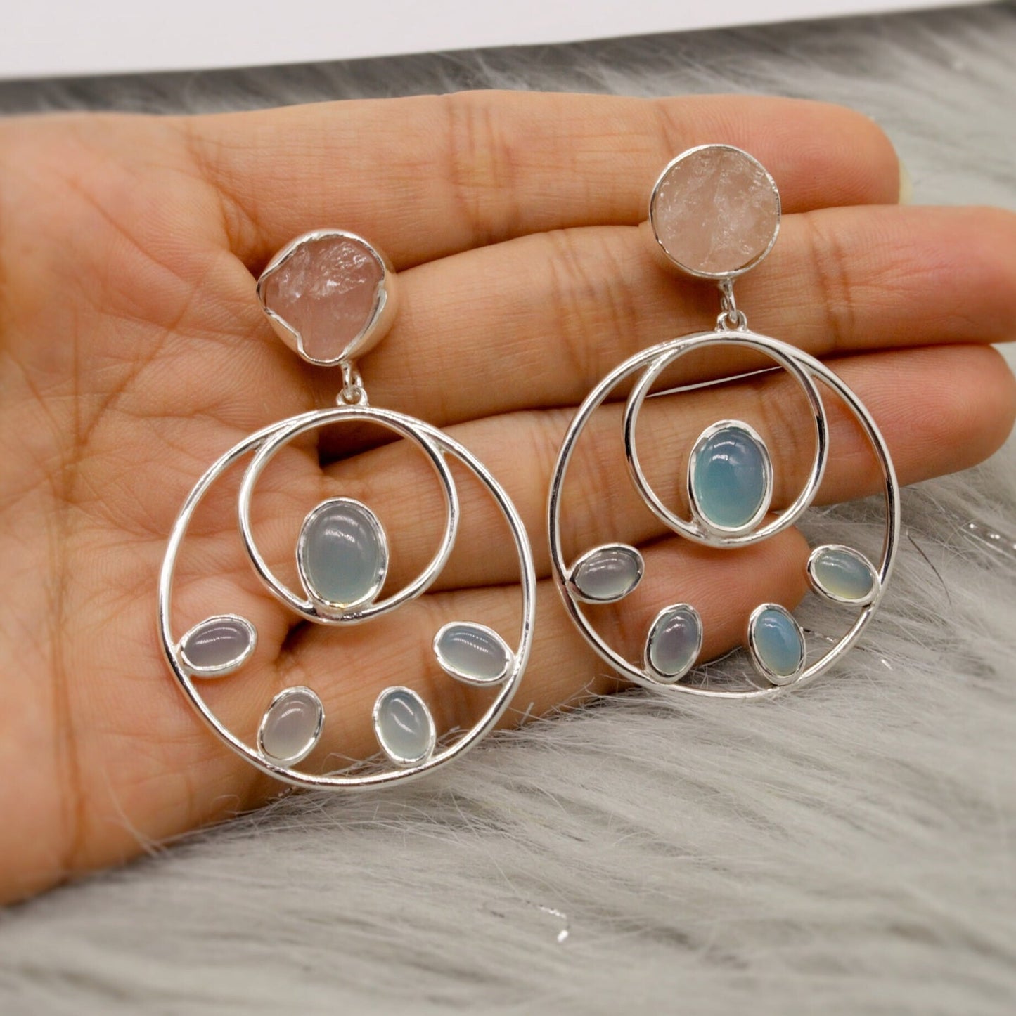 Rose Quartz Aqua Blue Chalcedony Earrings, Sterling Silver Earrings, Hoop Earrings, Unique Dangle Earrings, Gifts For Her