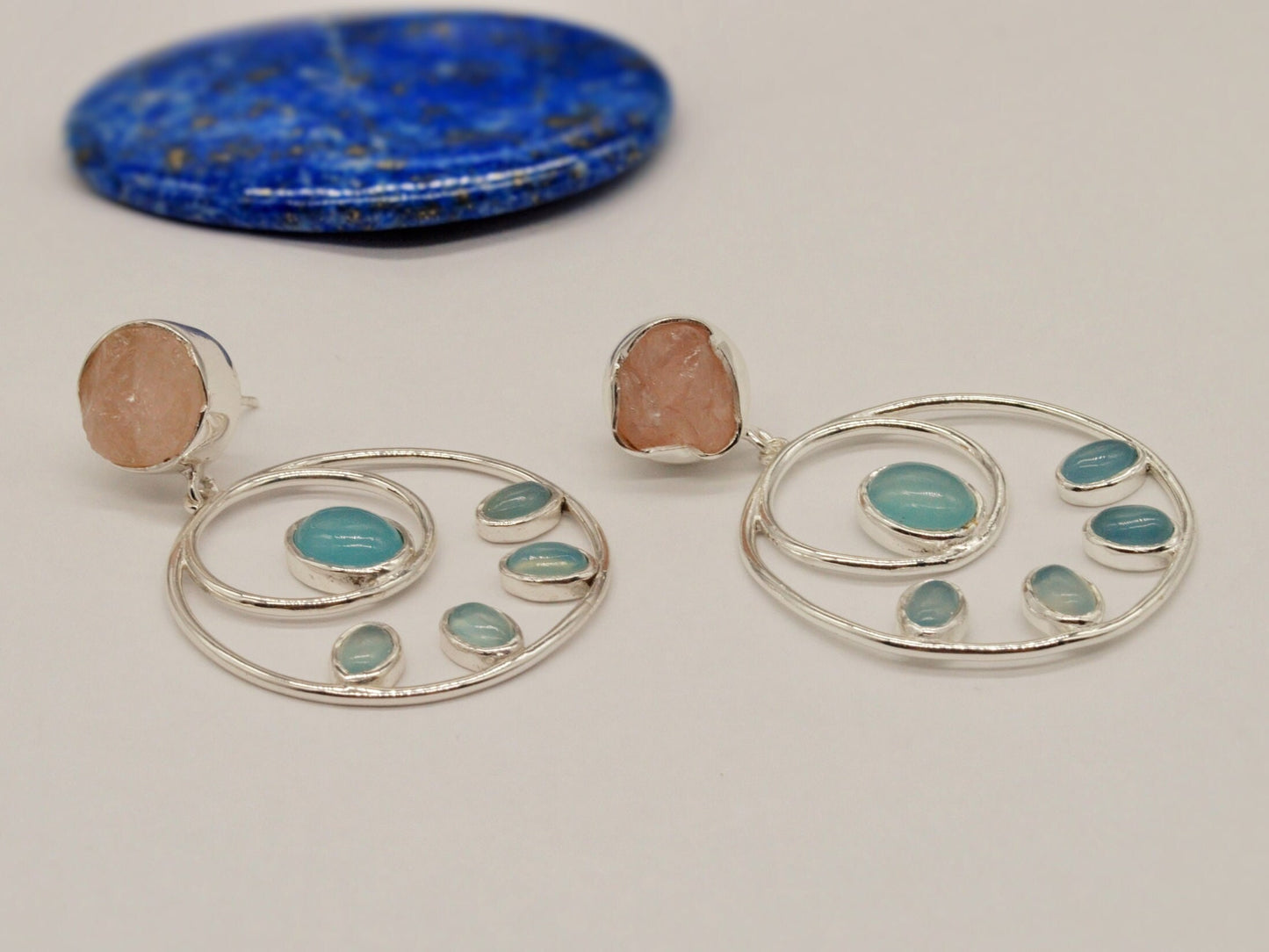 Rose Quartz Aqua Blue Chalcedony Earrings, Sterling Silver Earrings, Hoop Earrings, Unique Dangle Earrings, Gifts For Her
