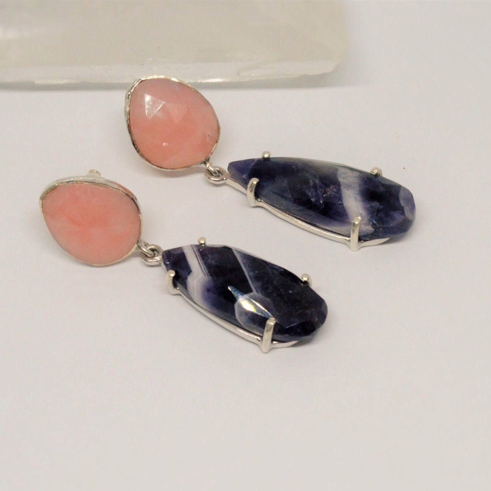 Pink Opal, Amethyst Silver Earrings, February Birthstone Amethyst Jewelry, Opal Dangle Earrings, Gifts For Her, Blue Peacock Earrings