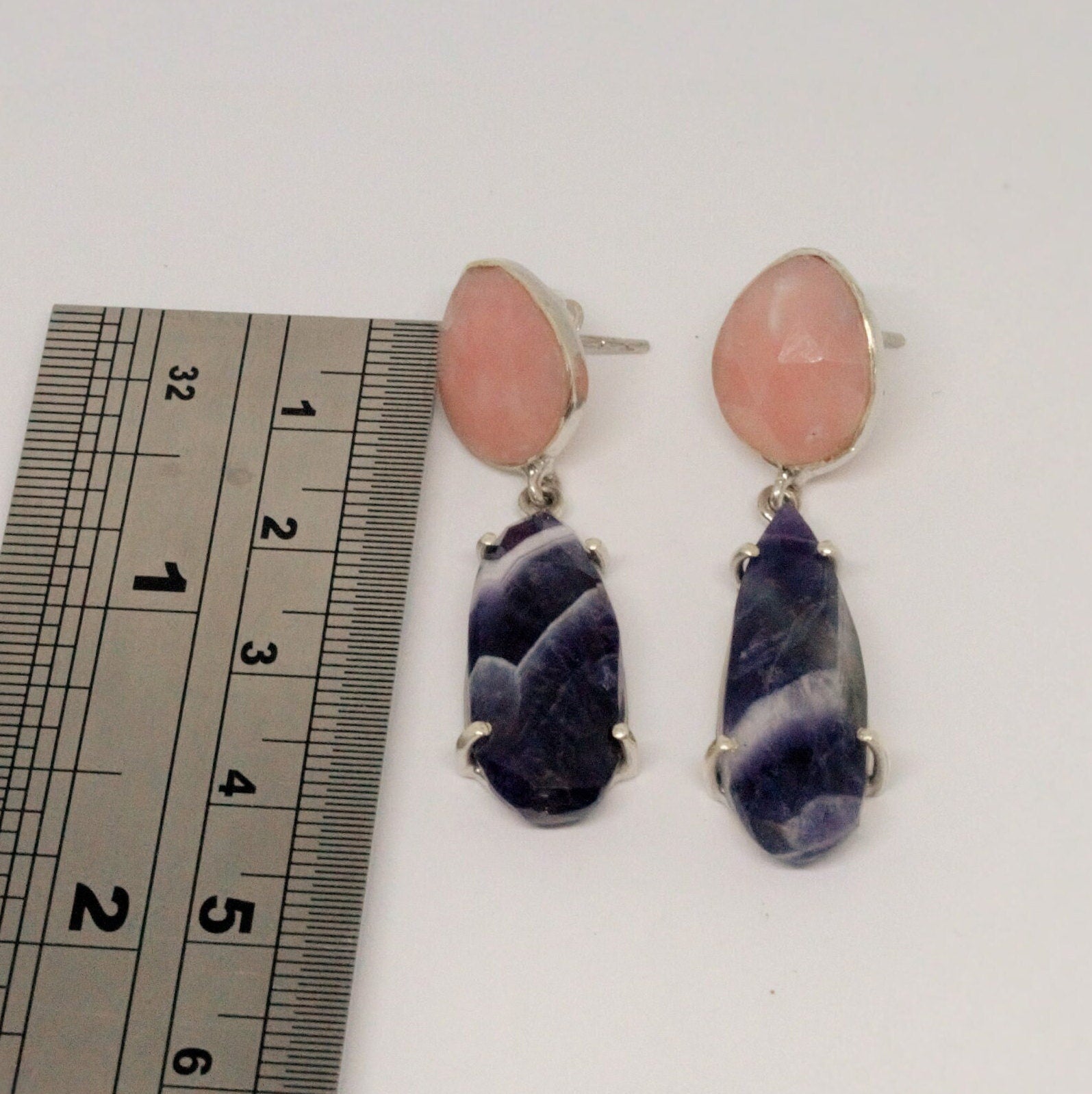 Pink Opal, Amethyst Silver Earrings, February Birthstone Amethyst Jewelry, Opal Dangle Earrings, Gifts For Her, Blue Peacock Earrings