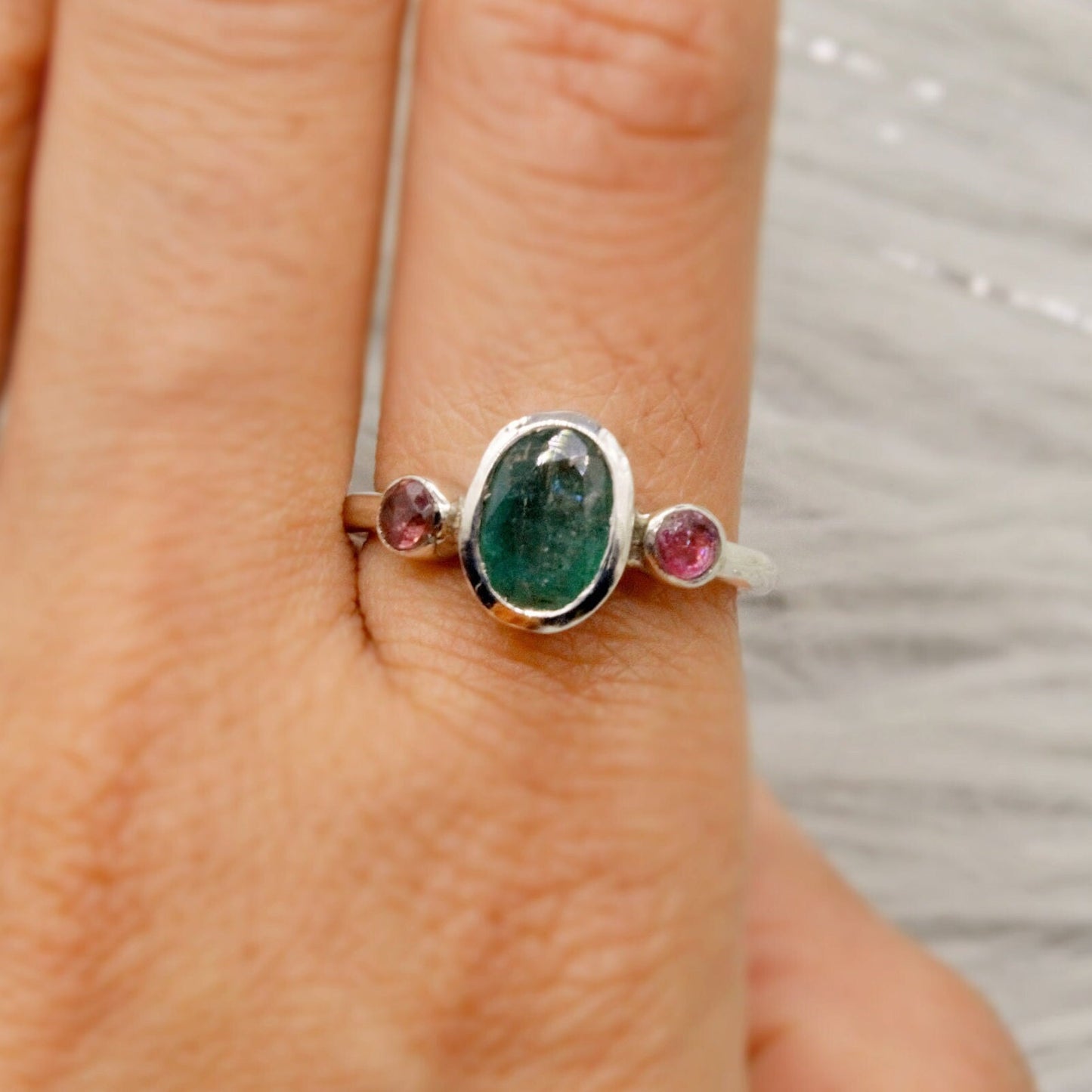 Emerald, Pink Tourmaline Ring, 925 Sterling Silver, Green Gemstone, May, October Birthstone, Dainty Gem Ring, Birthday Gift For Her