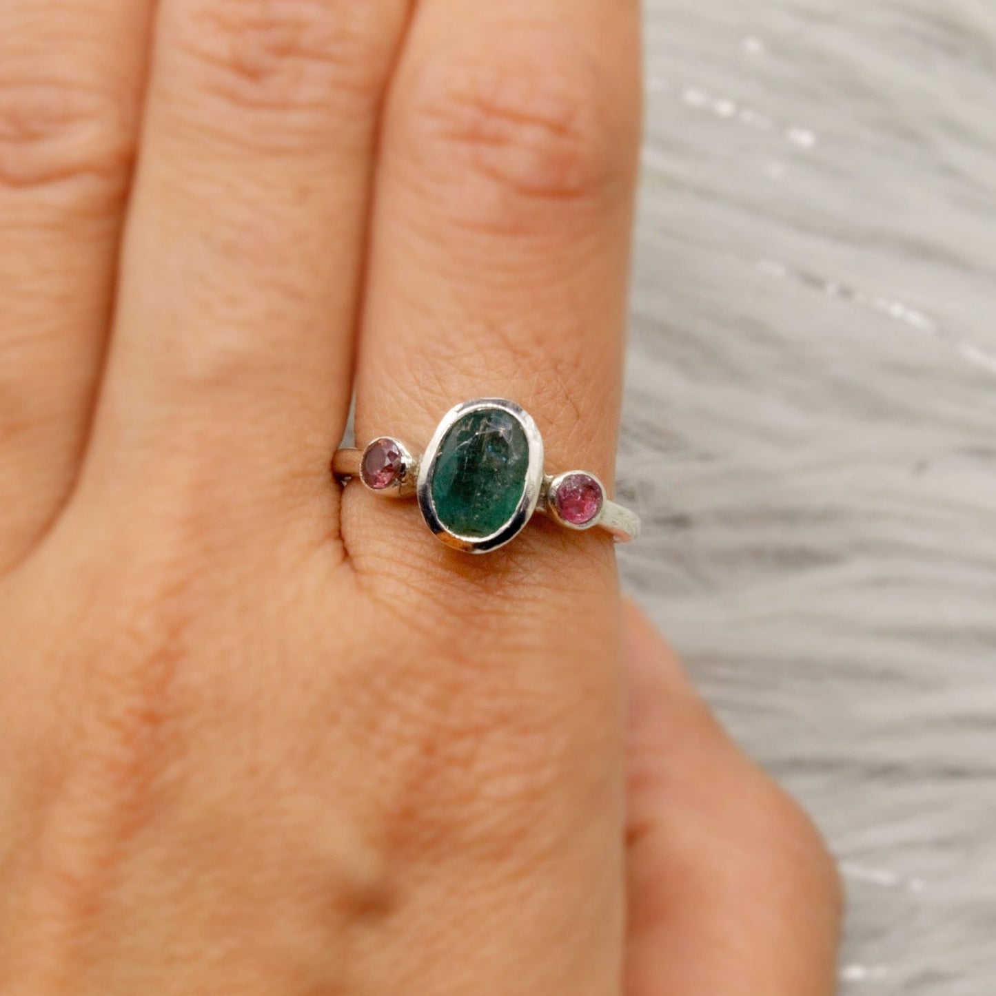 Emerald, Pink Tourmaline Ring, 925 Sterling Silver, Green Gemstone, May, October Birthstone, Dainty Gem Ring, Birthday Gift For Her