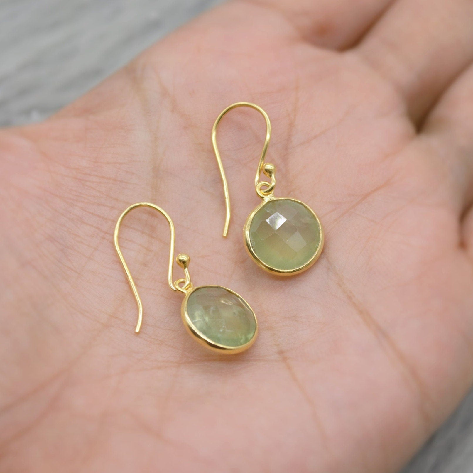 Prehnite Gold Earrings, Gold Plated Sterling Silver Gemstone Earrings, Unique Dangle Drop Earrings, Birthday Gifts For Her, Christmas Gifts