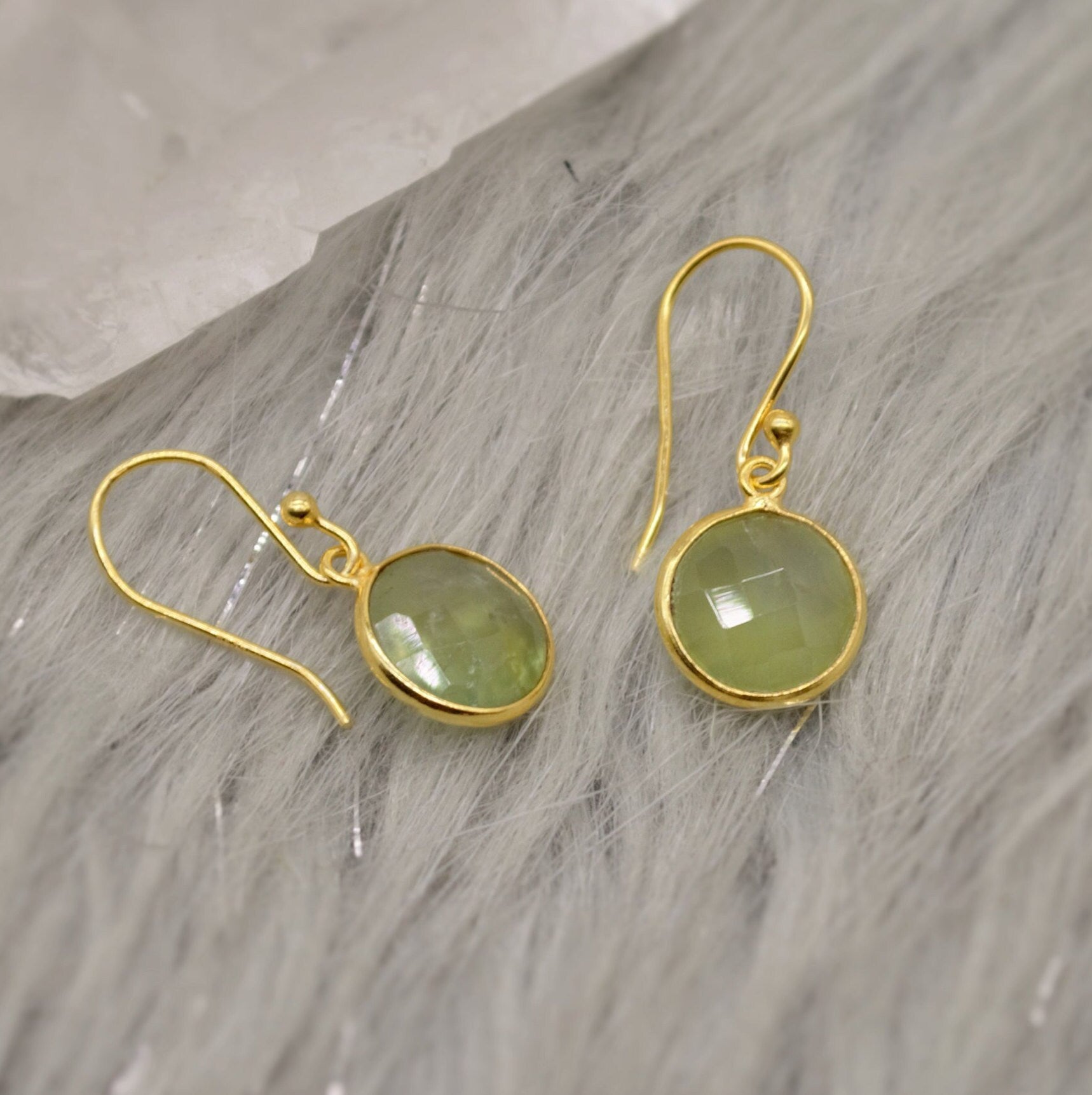 Prehnite Gold Earrings, Gold Plated Sterling Silver Gemstone Earrings, Unique Dangle Drop Earrings, Birthday Gifts For Her, Christmas Gifts