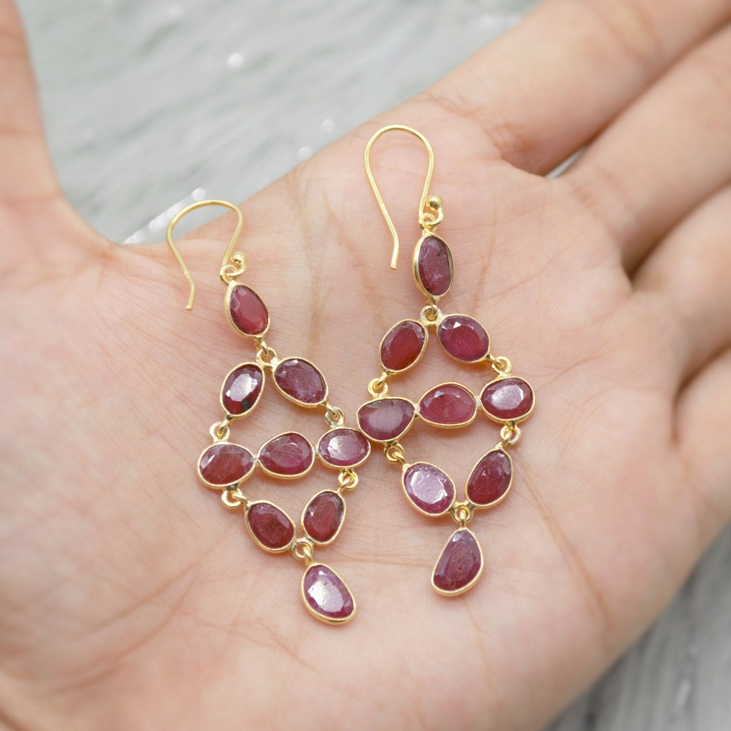 Red Ruby Earrings, Gold Plated Sterling Silver Earrings, Gold Gemstone Earrings, Ruby Dangle Drop Earrings, Bridesmaid, Gifts For Her