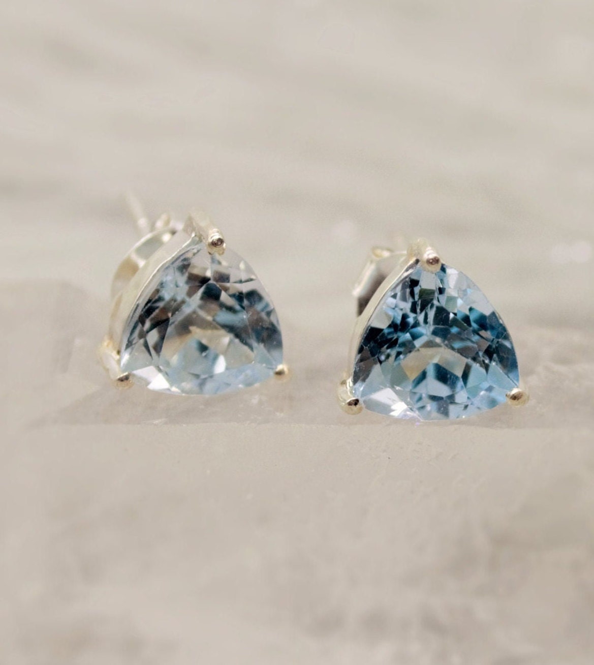 Blue Topaz Silver Stud Earrings, Minimalist Sterling Silver Gemstone Earrings, Dainty December Birthstone Earrings, Birthday Gifts For Her