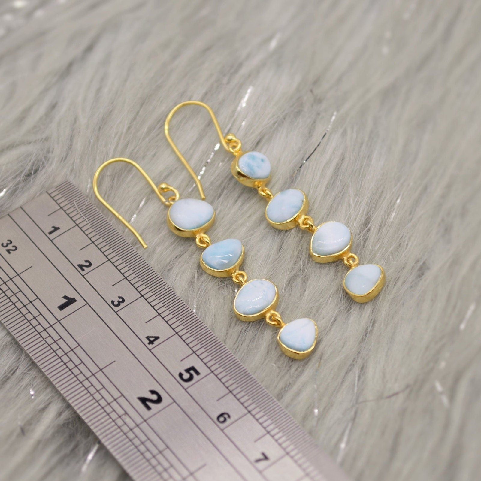 Larimar Dangle Drop Earrings, Gold Plated Sterling Silver Earrings, Blue Larimar Stone, Unique Larimar Gemstone, Handmade Gifts For Her
