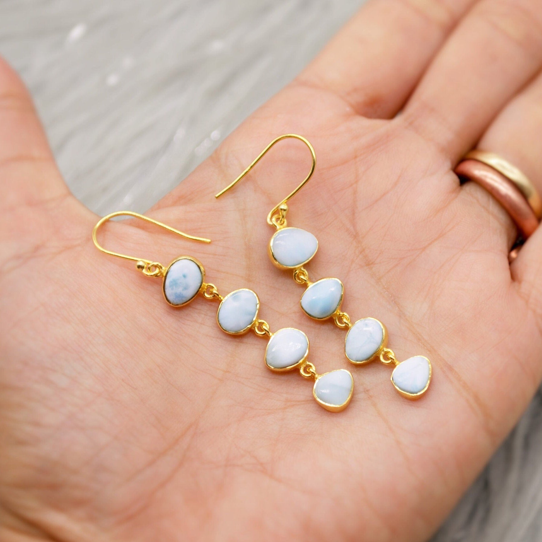 Larimar Dangle Drop Earrings, Gold Plated Sterling Silver Earrings, Blue Larimar Stone, Unique Larimar Gemstone, Handmade Gifts For Her