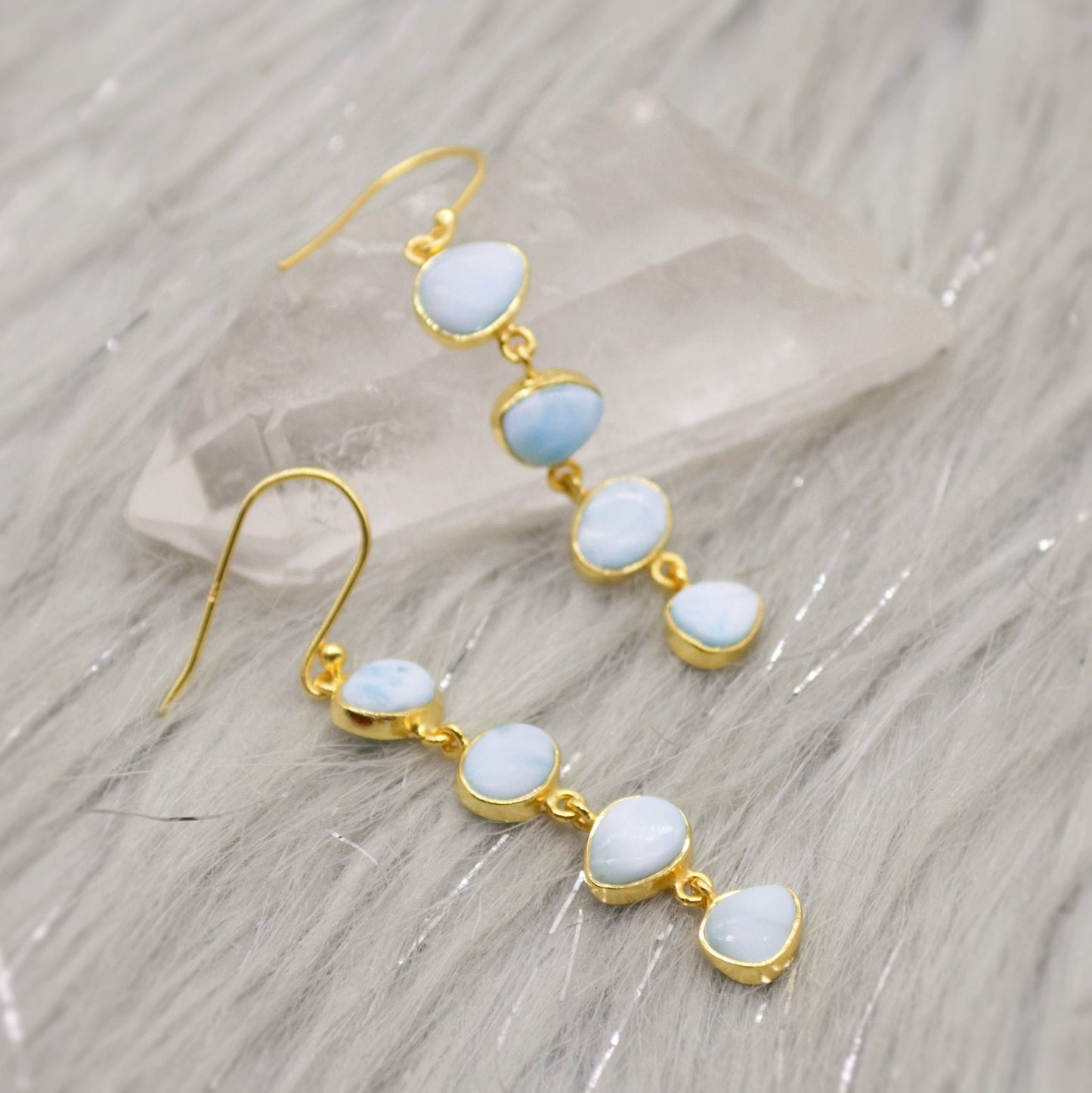 Larimar Dangle Drop Earrings, Gold Plated Sterling Silver Earrings, Blue Larimar Stone, Unique Larimar Gemstone, Handmade Gifts For Her