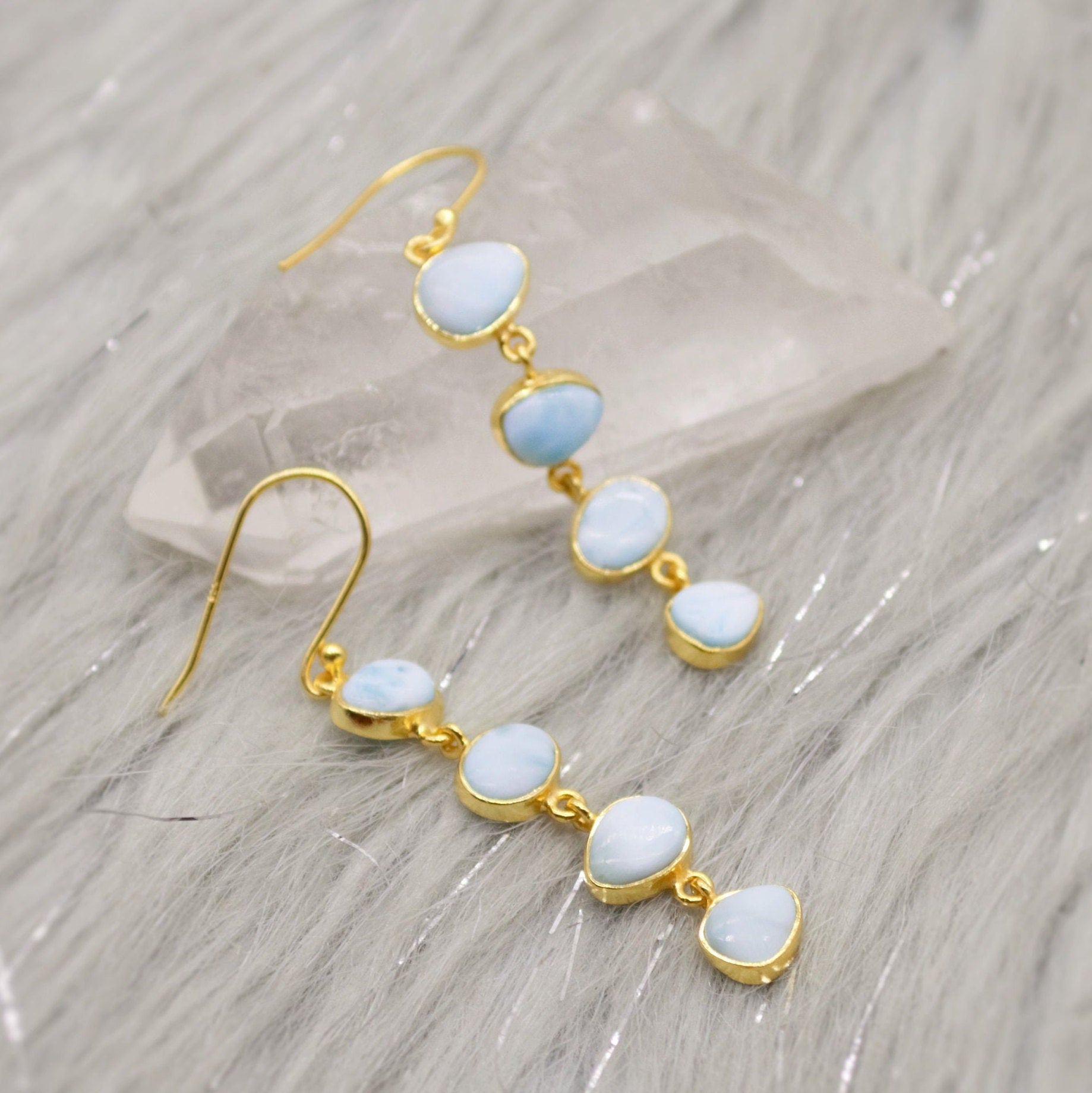 Larimar Dangle Drop Earrings, Gold Plated Sterling Silver Earrings, Blue Larimar Stone, Unique Larimar Gemstone, Handmade Gifts For Her