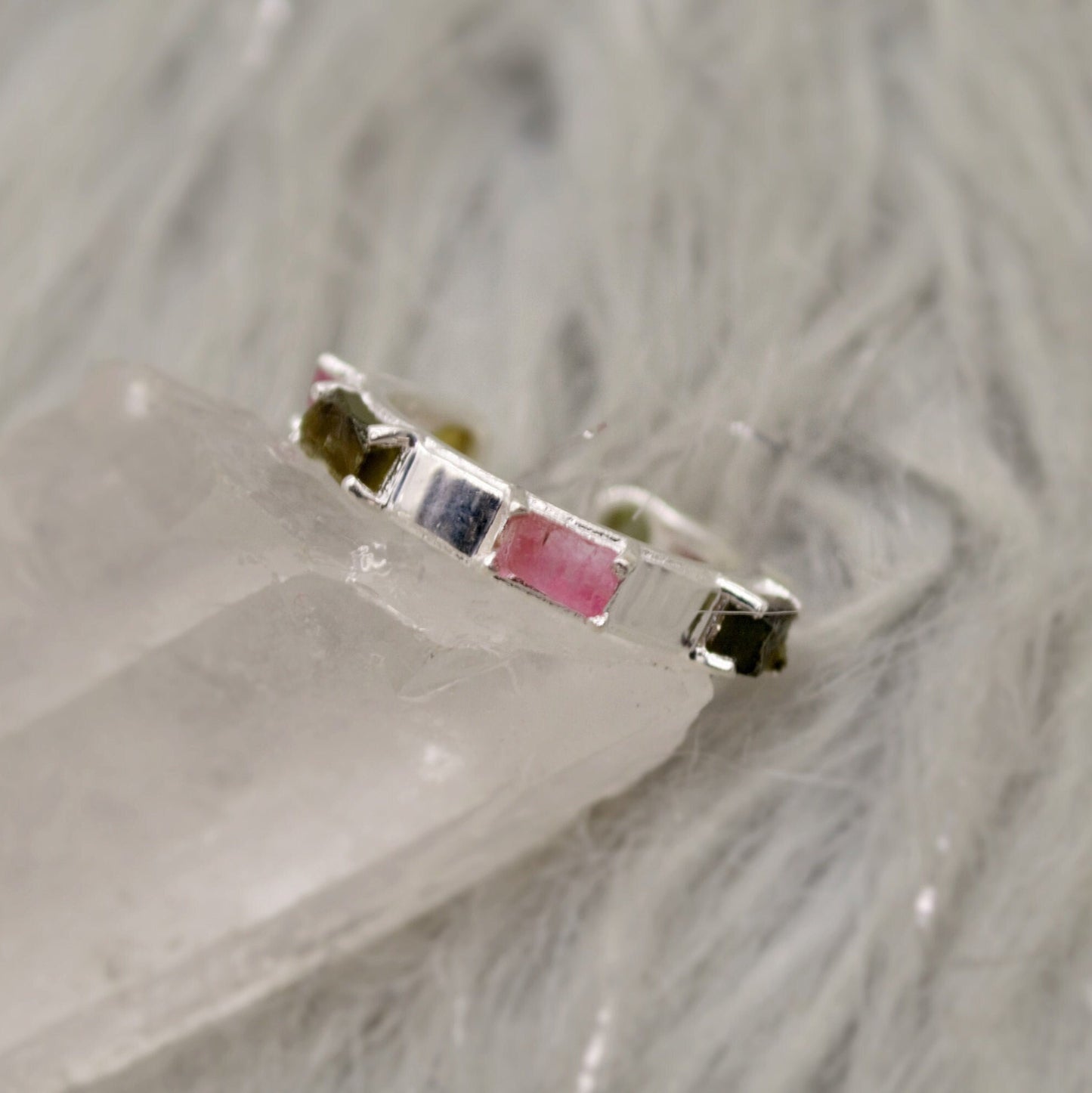 Pink, Black Tourmaline Ring, Tourmaline Jewelry, October Birthstone Ring, Handmade Sterling Silver Hoop Rings, Unique Gemstone Open Ring