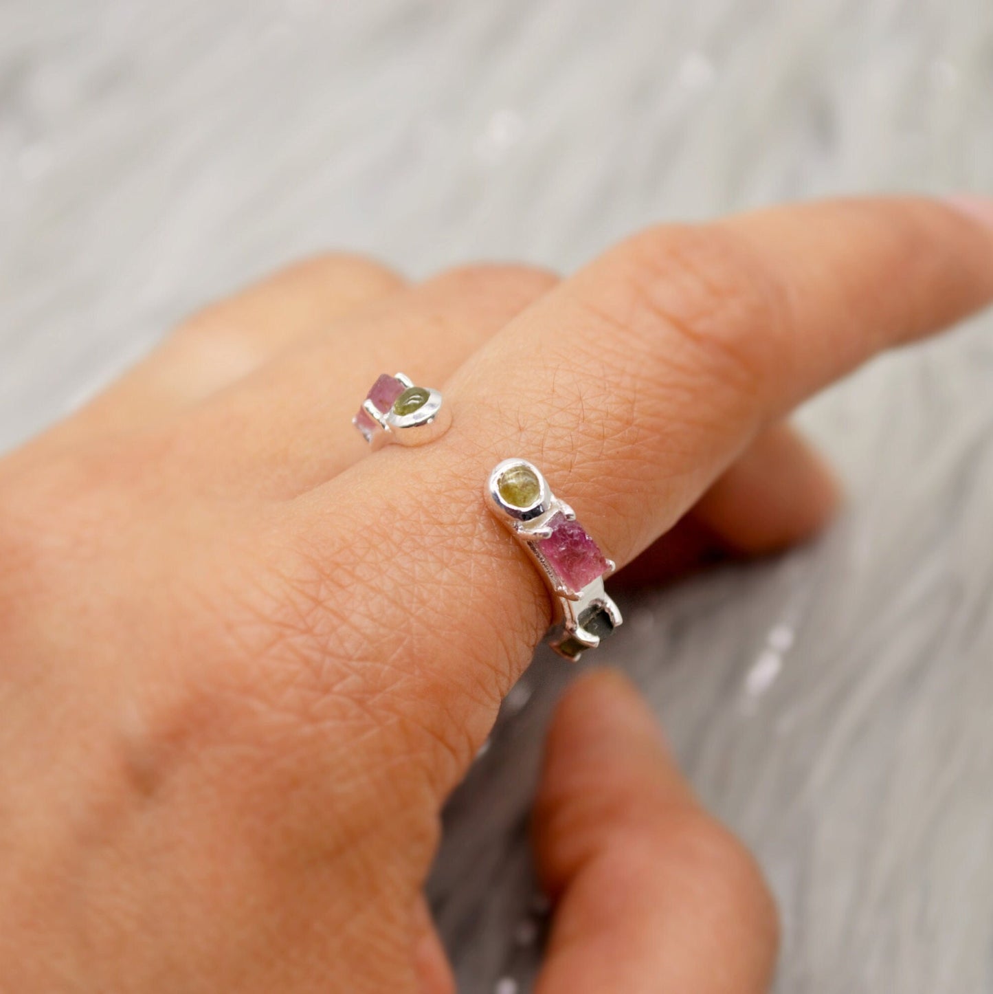 Pink, Black Tourmaline Ring, Tourmaline Jewelry, October Birthstone Ring, Handmade Sterling Silver Hoop Rings, Unique Gemstone Open Ring