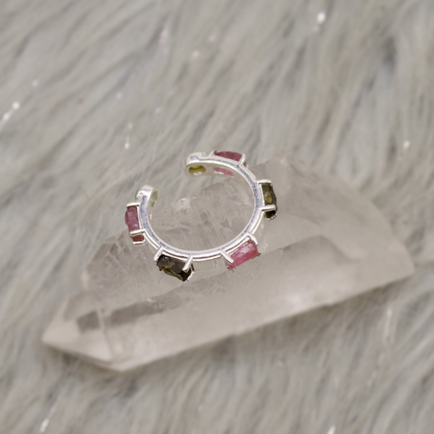 Pink, Black Tourmaline Ring, Tourmaline Jewelry, October Birthstone Ring, Handmade Sterling Silver Hoop Rings, Unique Gemstone Open Ring