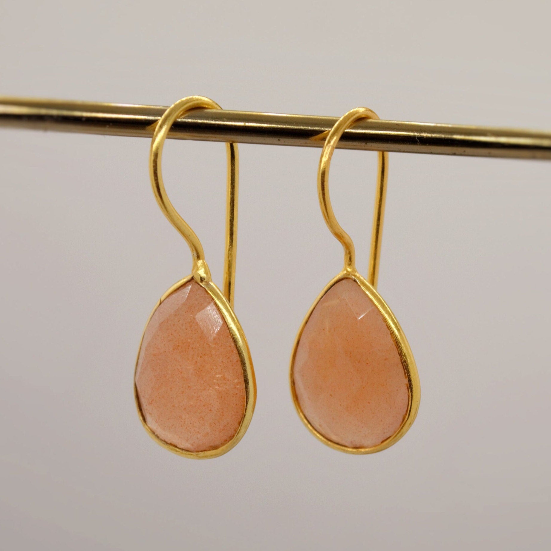 Peach Moonstone Sterling Silver Earrings, Moonstone Jewelry, Unique Gemstone Dangle Drop Earrings, Dainty Earrings, Gift For Her