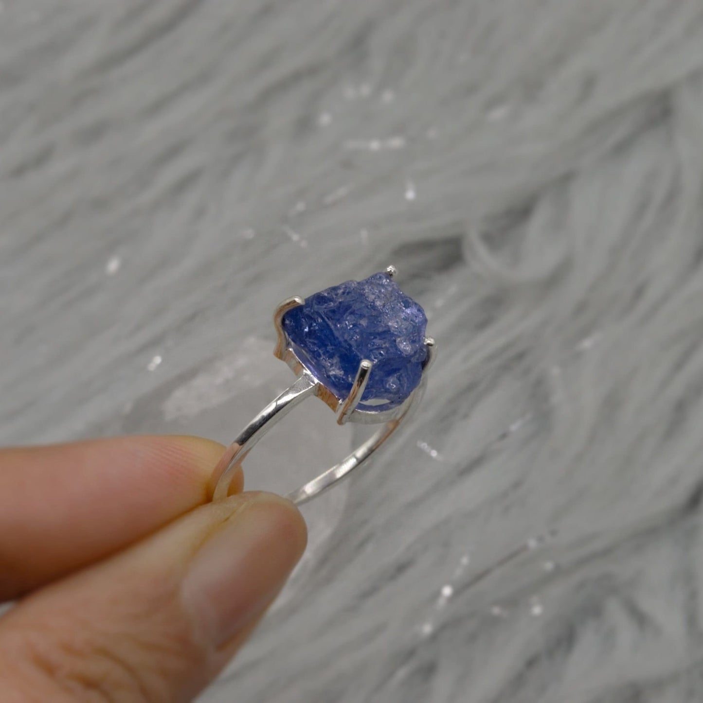 Raw Blue Tanzanite Sterling Silver Ring, Rough Cut Tanzanite, Rings for Women, December Birthstone, Raw Gem Ring, Birthday Gift, UK size T