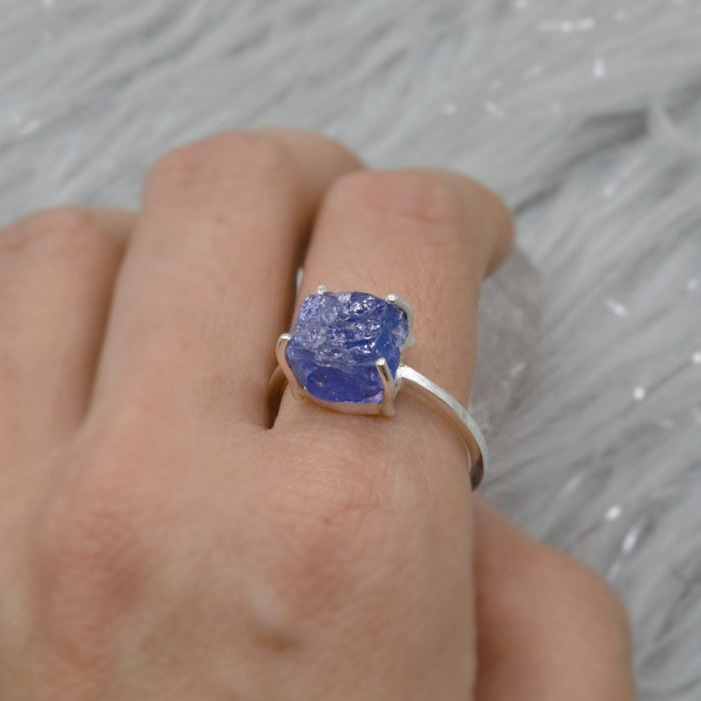 Raw Blue Tanzanite Sterling Silver Ring, Rough Cut Tanzanite, Rings for Women, December Birthstone, Raw Gem Ring, Birthday Gift, UK size T