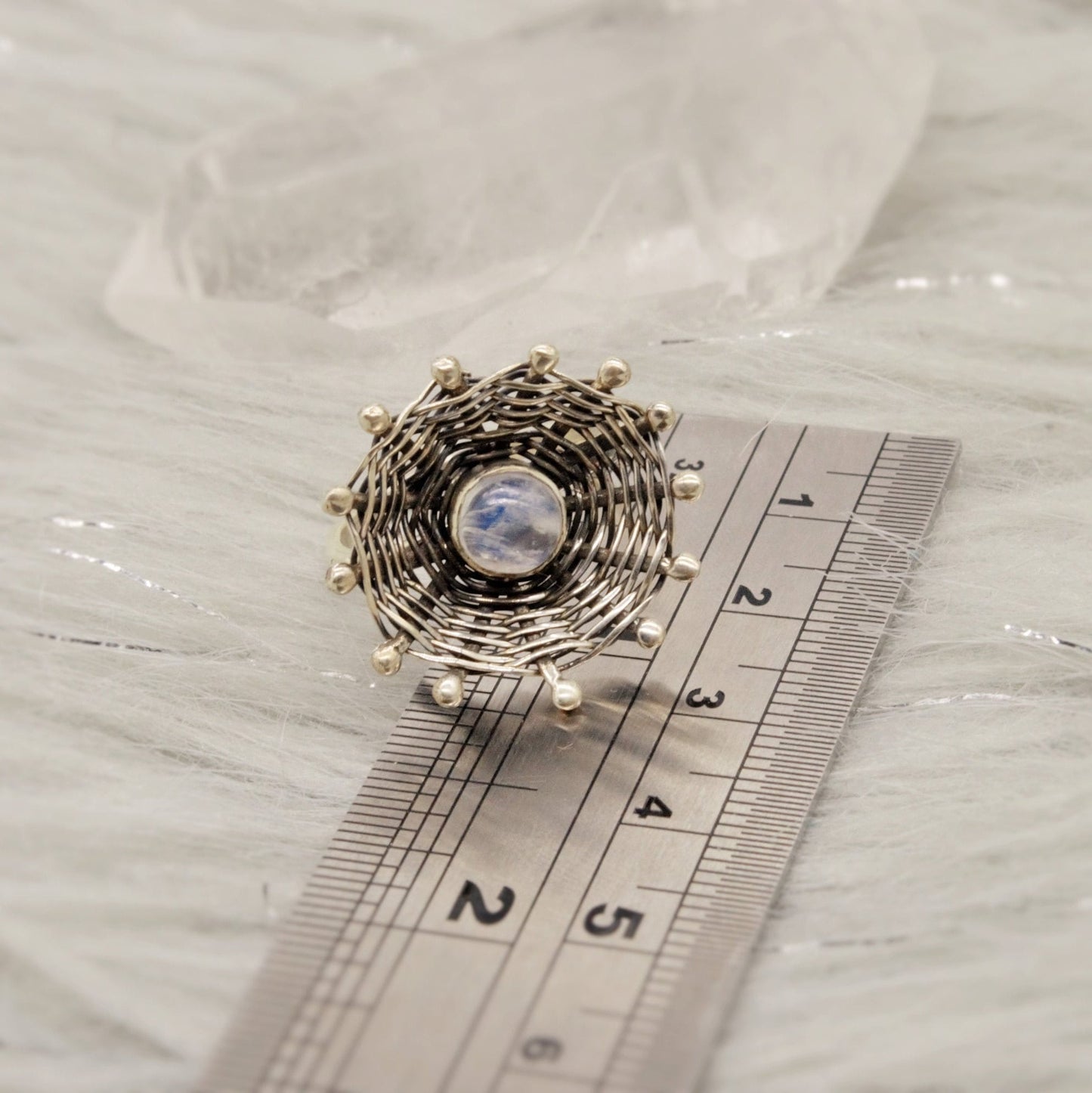 Rainbow Moonstone Sterling Silver Ring, UK size R 1/2, Raw Gem Ring, Rings For Women, Unique Flower Ring, Gifts For Her, 925 Silver Ring