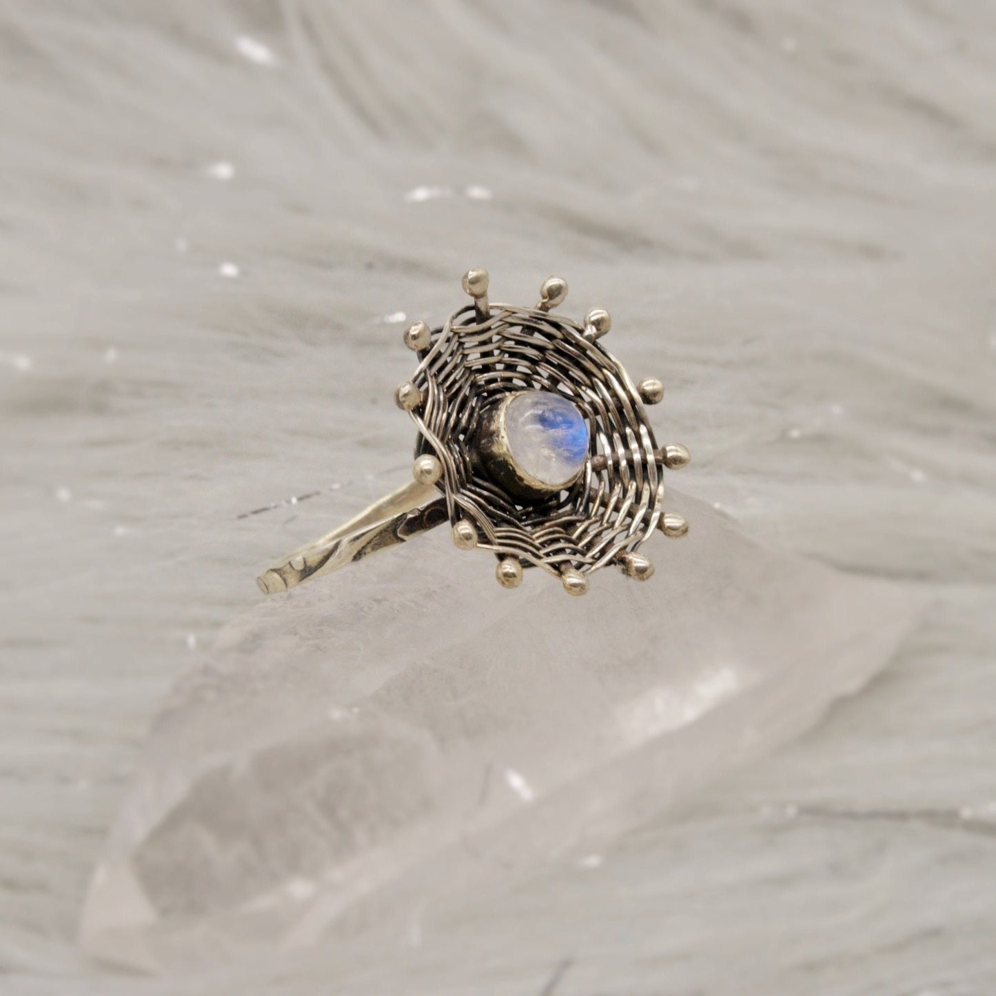 Rainbow Moonstone Sterling Silver Ring, UK size R 1/2, Raw Gem Ring, Rings For Women, Unique Flower Ring, Gifts For Her, 925 Silver Ring