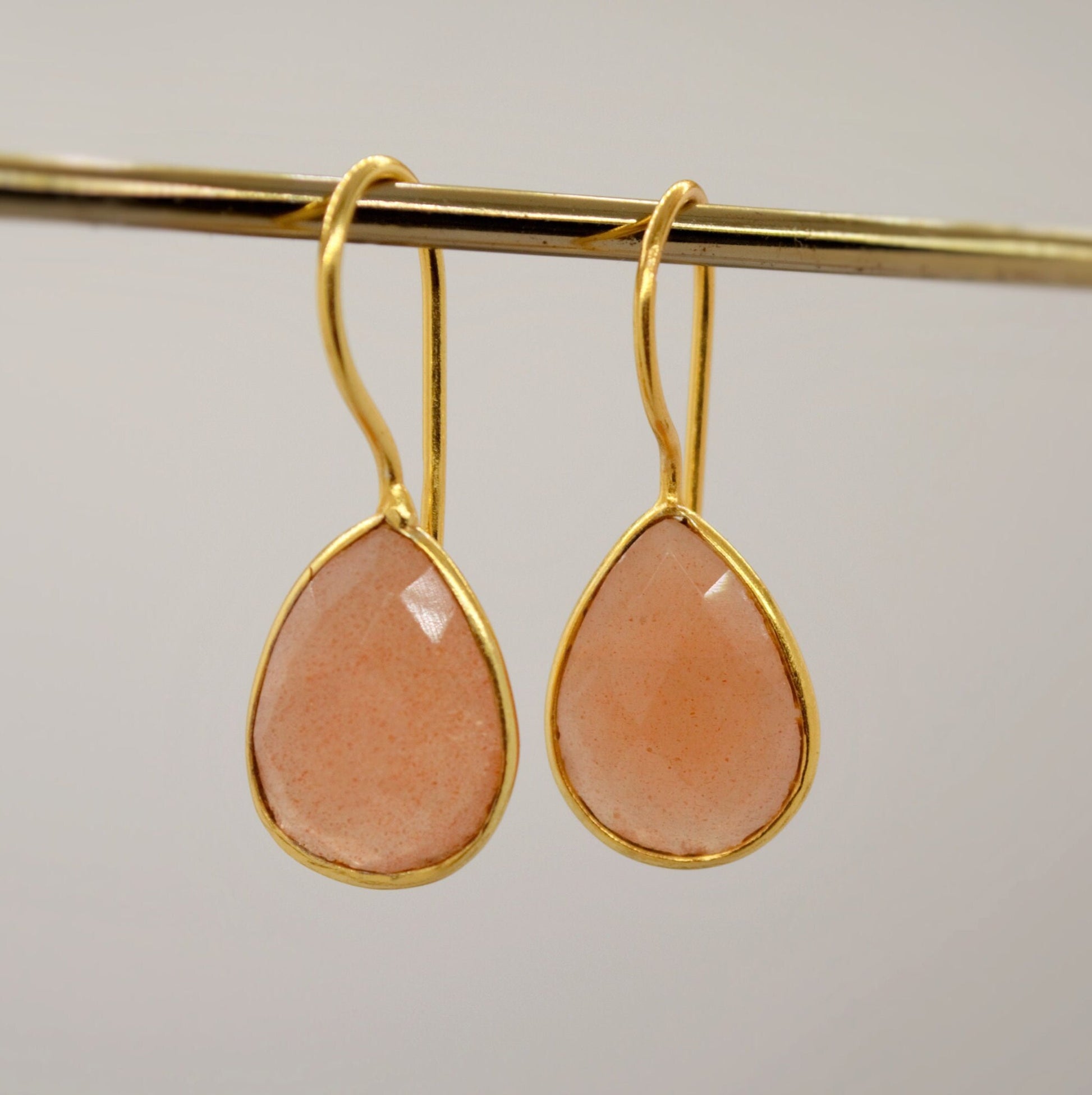 Peach Moonstone Sterling Silver Earrings, Moonstone Jewelry, Unique Gemstone Dangle Drop Earrings, Dainty Earrings, Gift For Her