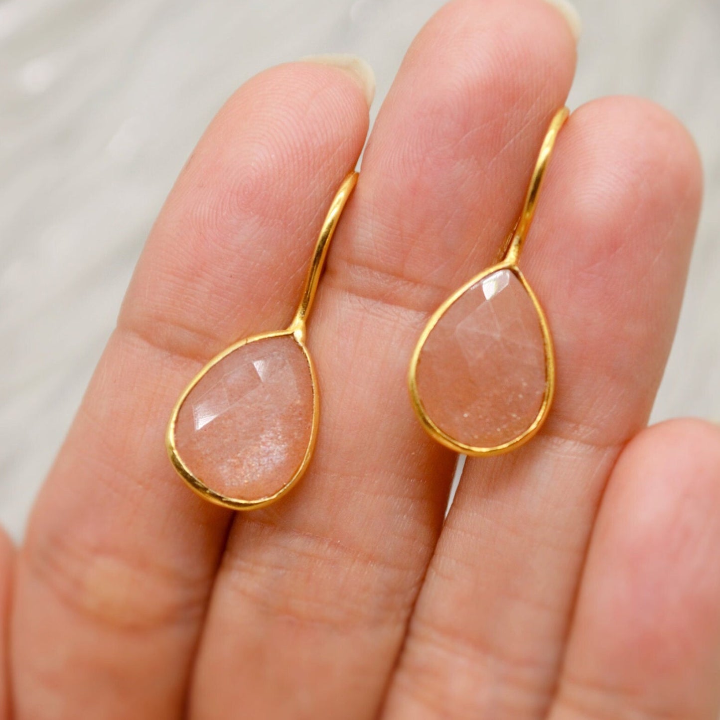 Peach Moonstone Sterling Silver Earrings, Moonstone Jewelry, Unique Gemstone Dangle Drop Earrings, Dainty Earrings, Gift For Her