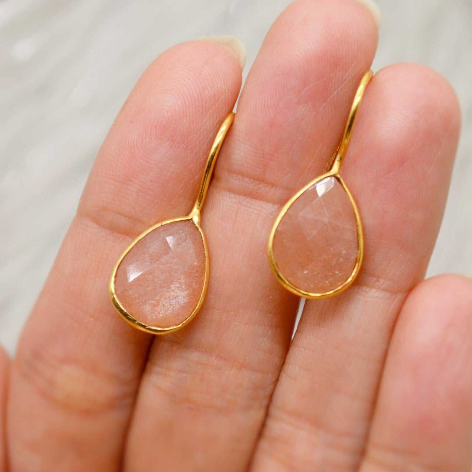 Peach Moonstone Sterling Silver Earrings, Moonstone Jewelry, Unique Gemstone Dangle Drop Earrings, Dainty Earrings, Gift For Her