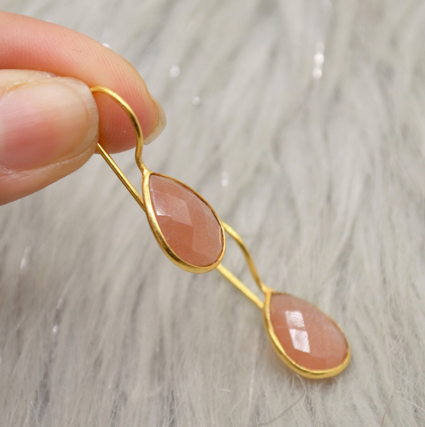 Peach Moonstone Sterling Silver Earrings, Moonstone Jewelry, Unique Gemstone Dangle Drop Earrings, Dainty Earrings, Gift For Her